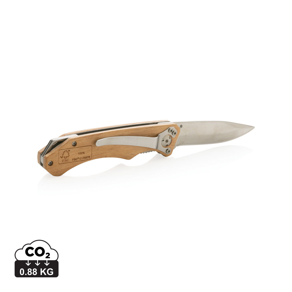 Durable FSC Wooden Outdoor Knife Stainless Steel Blade with Keyring and Clip